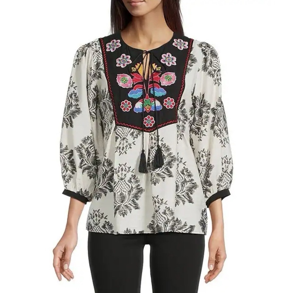 Calessa Women's Size M Floral Embroidered Multicolor 3/4 Sleeve Tunic Blouse
